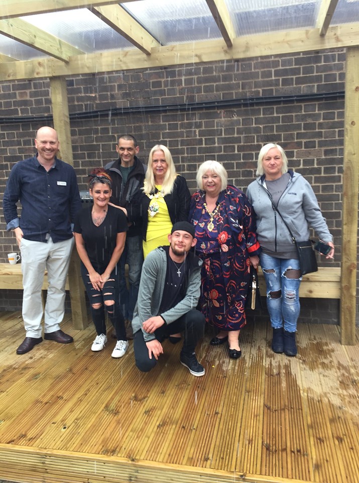 Rotherham Mayor making great use of our rain shelter. Joined by some guests of Shiloh and Steve Wylie our Project Manager.